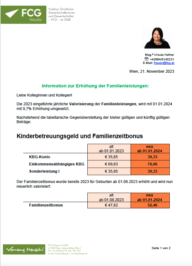 Information - Valorisierung der Familienleistungen